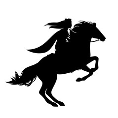 beautiful young princess wearing royal crown riding rearing up horse - fairy tale queen black and white vector silhouette