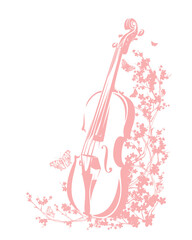 violin among blooming cherry tree branches and flying butterflies - spring season musical instrument floral vector outline © Cattallina