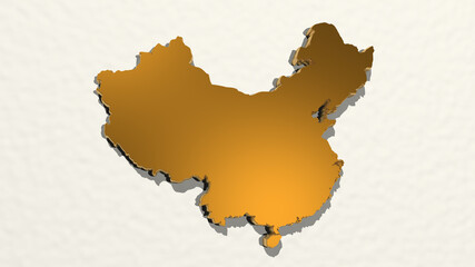 map of China from a perspective on the wall. A thick sculpture made of metallic materials of 3D rendering. illustration and background