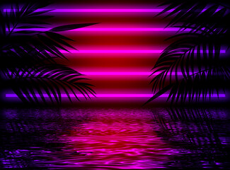 Fototapeta na wymiar Neon dark background, bright light, reflection in the water. Light neon effect, energy waves on a dark abstract background. Laser colorful neon show.