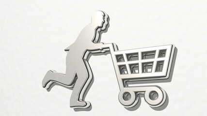 man running with shopping cart from a perspective on the wall. A thick sculpture made of metallic...