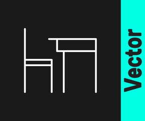 White line School table and chair of classroom icon isolated on black background. School desk. Vector Illustration.