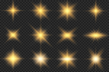 Set. Shining star, the sun particles and sparks with a highlight effect, color bokeh lights glitter and sequins.
