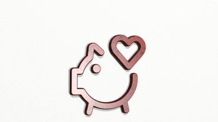 wedding money piggy on the wall. 3D illustration of metallic sculpture over a white background with mild texture. card and design