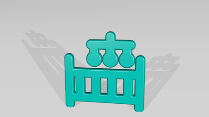 baby care cot mobile crib from a perspective with the shadow. A thick sculpture made of metallic materials of 3D rendering. illustration and cute