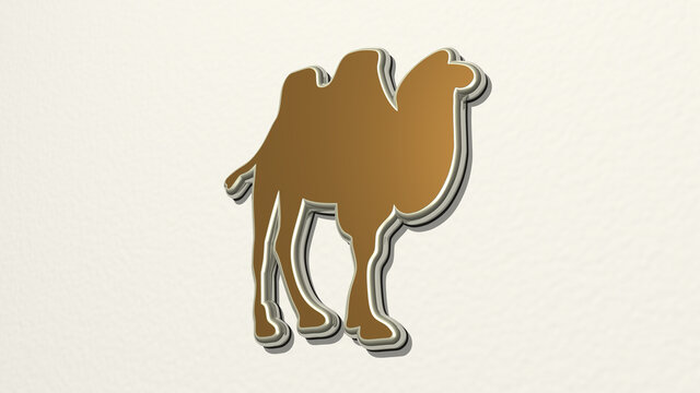 two hump camel on the wall. 3D illustration of metallic sculpture over a white background with mild texture. animal and desert