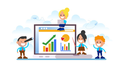 Business team analyzing statistics in computer.
