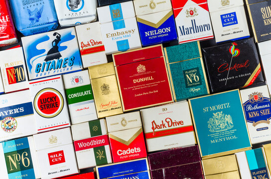 London, England - May 20, 2016: Packets of Various Old Cigarette Boxes from the 1970s