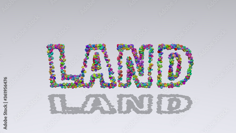 Aufkleber colorful 3d writting of land text with small objects over a white background and matching shadow. il