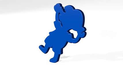 girl from a perspective with the shadow. A thick sculpture made of metallic materials of 3D rendering. beautiful and background