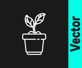 White line Plant in pot icon isolated on black background. Plant growing in a pot. Potted plant sign. Vector Illustration.