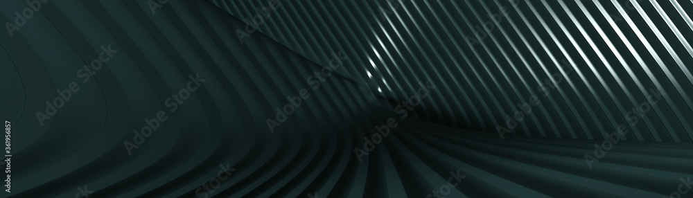Poster ultra wide 3d illustration of a geometrical shape of dark slate gray color on a white abstract backg