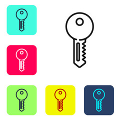 Black line House key icon isolated on white background. Set icons in color square buttons. Vector Illustration.