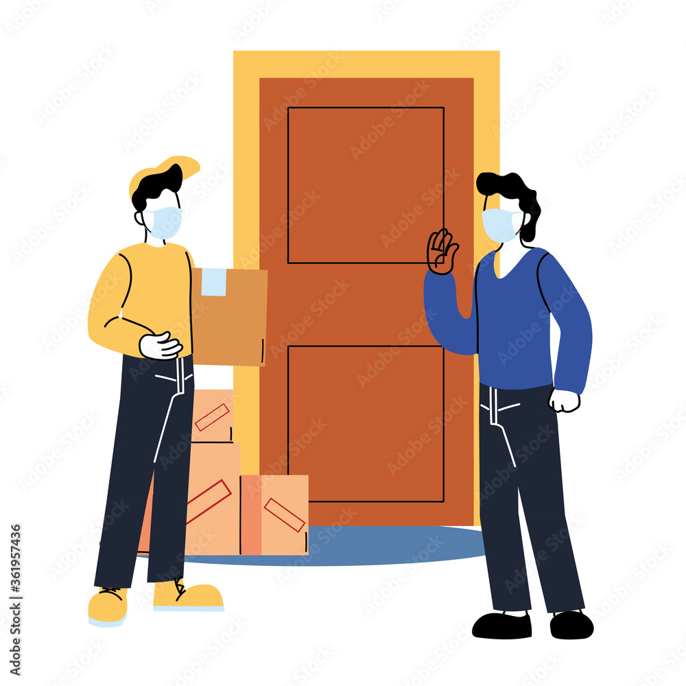 Poster client and delivery man with mask and box outside door vector design