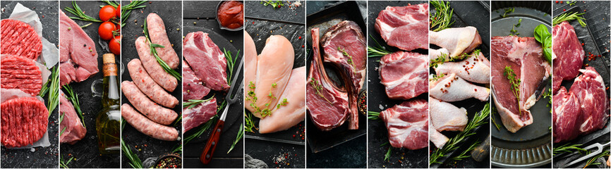 Photo collage. Set of raw meat on a black background. Top view.