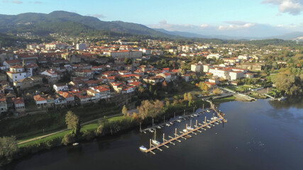 Fototapeta premium Aerial view in Tui,village of Galicia. Drone Photo