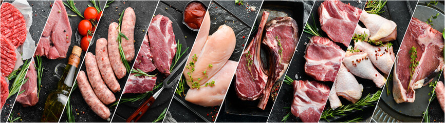 Food collage. Set of different meat, veal, pork and chicken on a black background. Top view.