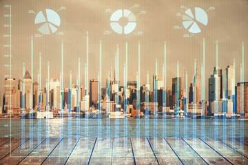 Forex graph on city view with skyscrapers background multi exposure. Financial analysis concept.