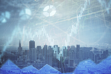Plakat Forex graph on city view with skyscrapers background multi exposure. Financial analysis concept.