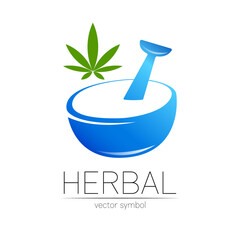 Vector mortar and pestle blue symbol logo with cannabis. Ecology icon concept for medicine, vegetarian, therapy, pharmacology and business. Organic sign illustration. Modern logotype or label.