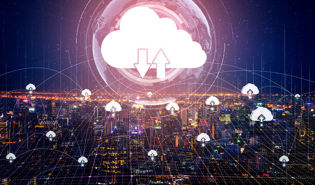 Cloud computing technology and online data storage for business network concept. Computer connects to internet server service for cloud data transfer presented in 3D futuristic graphic interface.