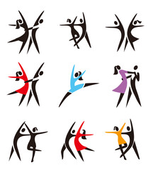 Obraz na płótnie Canvas Couple ,ballroom dancing ,ballet,icons. Set of black and colorful dance symbols.Isolated on white background. Vector available.