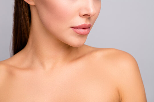 Closeup cropped profile photo of attractive lady nude shoulders plump perfect shape lips after injecting enhancement fillers ideal contour cheek line isolated grey color background