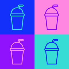 Pop art line Paper glass with drinking straw and water icon isolated on color background. Soda drink glass. Fresh cold beverage symbol. Vector Illustration.