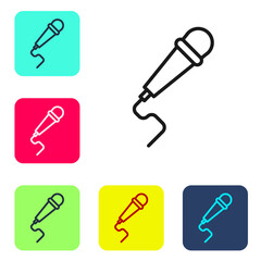 Black line Microphone icon isolated on white background. On air radio mic microphone. Speaker sign. Set icons in color square buttons. Vector Illustration.