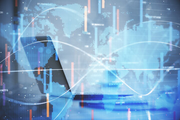 Double exposure of business theme icons and work space with computer background. Concept of success.