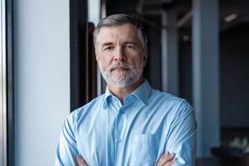 cheerful businessman with arms folded looking at the camera while standing near the window in office building.