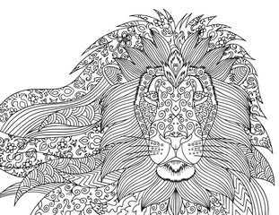 Lion head vector. Coloring page for adults. Lion portrait with doodle and zentagle elements. Outline illustration for coloring book for relaxing at home. Vector isolated horizontal line art.