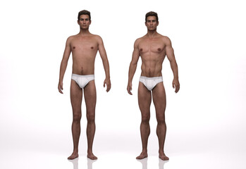 3D Render : the portrait of ectomorph (skinny) male and mesomorph (muscular) male compare to each other