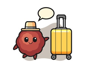 Meatball cartoon with luggage on vacation