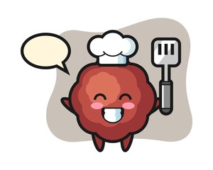 Meatball chef cartoon is cooking