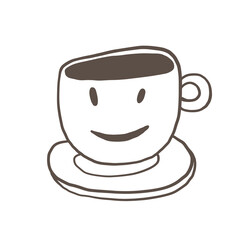 Hand drawn simple style illustration of hot beverages, tea or coffee.  Funny smiling breakfast cartoon characters.