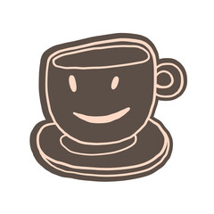 Hand drawn simple style illustration of hot beverages, tea or coffee.  Funny smiling breakfast cartoon characters.