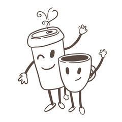 Hand drawn simple style illustration of hot beverages, tea or coffee.  Funny smiling breakfast cartoon characters.