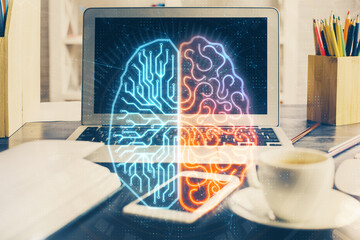 Double exposure of desktop computer and human brain drawing hologram. Ai concept.