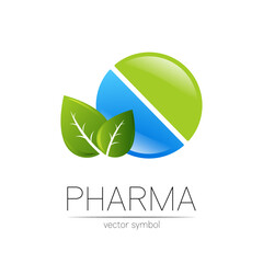 Pharmacy vector symbol with leaf for pharmacist, pharma store, doctor and medicine. Modern design vector logo on white background. Pharmaceutical blue green icon logotype tablet pill . Health