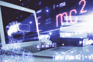 Desktop computer background and formula hologram writing. Double exposure. Education concept.