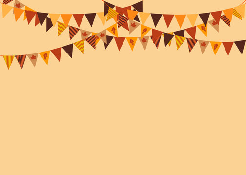It's an autumn party concept with brown and orange pennants hanging above. Vector illustration. Party invitation with carnival flag garlands with some copy space for your text.