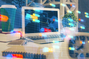Multi exposure of desktop with personal computer and tech theme drawing. Concept of Bigdata.