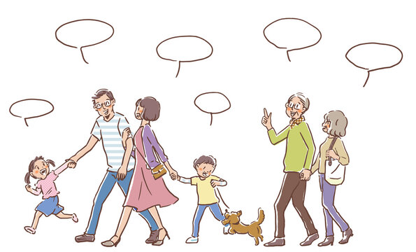 Speech bubble with hand drawn illustration of a walking family
