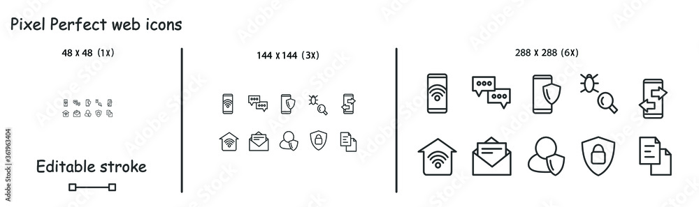 Poster mobile technology icons set. concept line pictograms for wireless connection security audit and user
