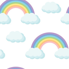 Seamless background with rainbow and clouds for fabric, decorative paper, web. Pastel vector illustration on white background.