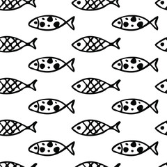 Seamless vector pattern. Doodle fish on a white background. Cartoon contour black and white hand drawing. Print for textiles, postcards, wrapping paper, packaging, and covers.
