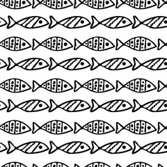 Seamless vector pattern. Doodle fish on a white background. Cartoon contour black and white hand drawing. Print for textiles, postcards, wrapping paper, packaging, and covers.
