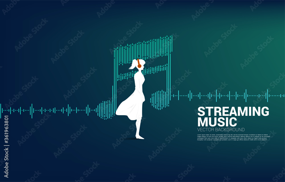 Poster vector silhouette of woman standing with headphone and music note equalizer wave.background for stre