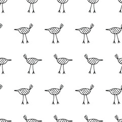 Seamless vector pattern. Doodle birds on a white background. Cartoon contour black and white hand drawing. Print for textiles, postcards, wrapping paper, packaging, and covers
